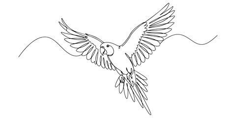 Continuous one line of a flying parrot spreading its wings, style vector illustration.
