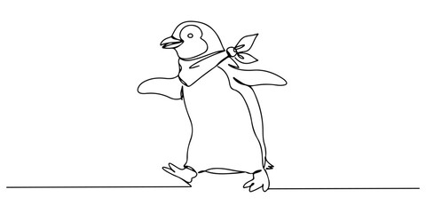 Continuous one line of a penguin wearing a scarf walking cheerfully, style vector illustration.
