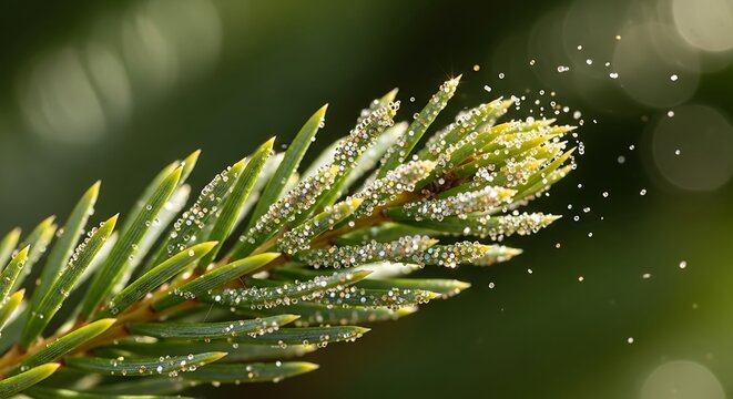 Fresh spring pine branch covered in pollen glistening in morning sunlight