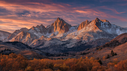 Majestic mountain range bathed in the warm glow of a dramatic sunset, with snowdusted peaks and autumn foliage in the foreground