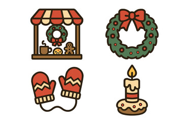 Festive winter holiday market stall, decorative wreath, warm mittens, and burning candle