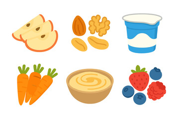 Set of nutritious ingredients for a healthy balanced diet including fruits, vegetables, nuts, and dairy