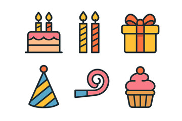 Colorful birthday celebration elements including cake, candles, gift box, and party accessories
