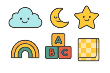 Cute childhood symbols set featuring smiling celestial objects, colorful rainbow, and educational ABC blocks