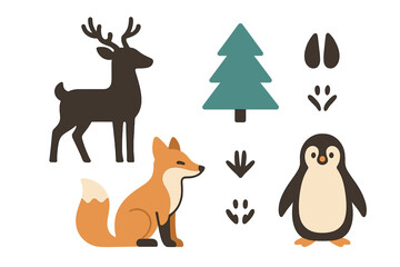 Stylized graphic set of forest and arctic wildlife including deer, fox, penguin, tree, and paw prints