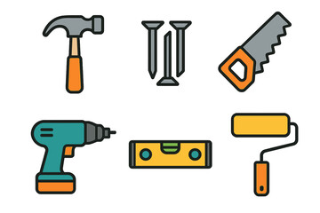 Essential collection of construction and home improvement tools including hammer saw drill and level