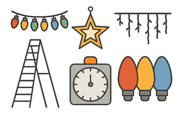 Christmas and New Year holiday decorating elements set including lights, star, ladder, and timer
