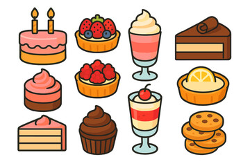 Colorful assortment of sweet desserts and confectionery items including cakes, tarts, parfaits, and cookies