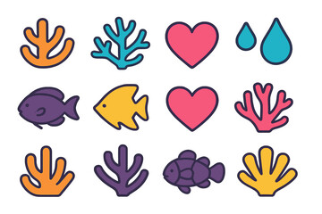 Colorful collection of underwater elements coral tropical fish hearts and water drops