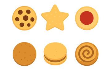 Assortment of baked sweet cookies and biscuits including chocolate chip, star shape, jam center, and sandwich types