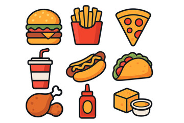 Popular fast food icons set featuring hamburger, french fries, pizza, hot dog, taco, and soda drink