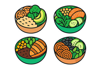 Colorful vegan and vegetarian power bowls with rice, greens, and plant protein