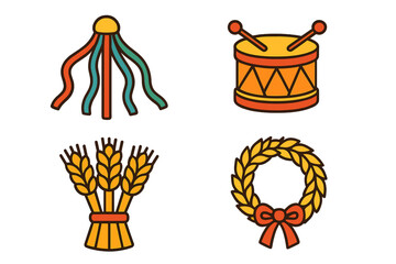 Colorful Maypole, musical drum, wheat sheaf, and decorative harvest wreath symbols