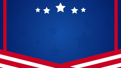 Patriotic background with red and white stripes, blue gradient, and five white stars.