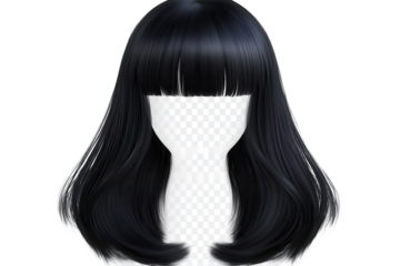 Sleek black wig with straight bangs and flowing design suitable for various styles and occasions, perfect for costumes and fashion statements during any season
