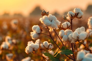 A beautiful close-up of a cotton field at sunset, highlighting the fluffy bolls and warm golden light, with a soft and dreamy background of plants, leaves, and field.
