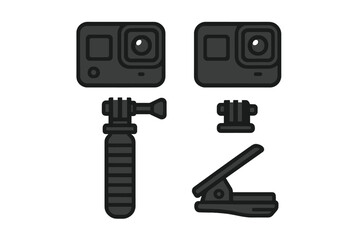 Action cameras and essential mounting accessories for extreme sports activities