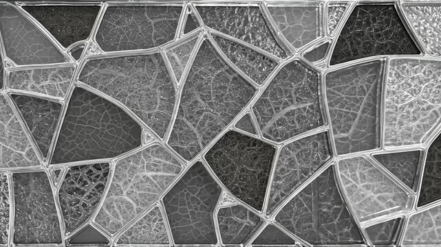 Abstract mosaic pattern composed of irregular grayscale textured panels and metallic dividers