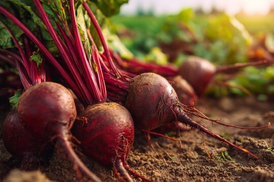 Freshly harvested beetroot on the farm, showcasing vibrant red roots and healthy green leaves, lying on dark fertile soil illuminated by the sun.