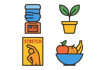 Icons representing healthy lifestyle elements: hydration, nature, exercise, and nutrition