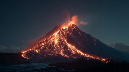 Dramatic nighttime scene of a volcanic eruption with flowing lava and dark sky