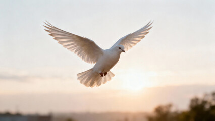 Fototapeta premium A single white dove flying with outstretched wings against a soft morning sky with sun rays. wildlife magazines, conservation campaigns, designed for nature documentaries and education.