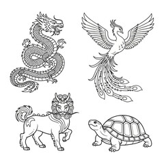 Four symbols of Chinese constellations: dragon, phoenix, qilin, and turtle.