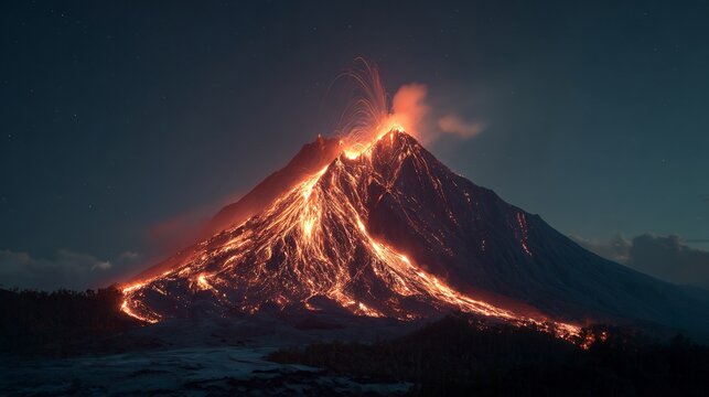 Dramatic nighttime scene of a volcanic eruption with flowing lava and dark sky