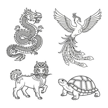 Four symbols of Chinese constellations: dragon, phoenix, qilin, and turtle.