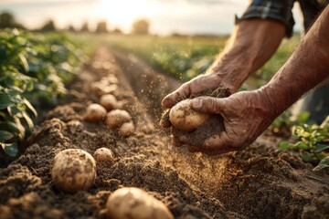 Close-up of farmer's hands holding freshly harvested potatoes in a field at sunset, showing the golden hour sunlight and rich soil of the agricultural land.