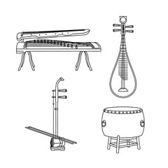 Line art illustration of four traditional Chinese musical instruments: guzheng, pipa, erhu, and drum.