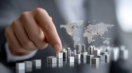 Business professional using digital interface to select city buildings while planning expansion strategies during an international conference