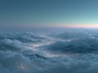 Fototapeta premium Ethereal fantasy landscape with glowing clouds and distant city lights at twilight with a starry sky above