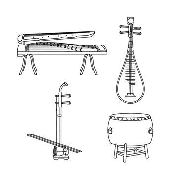 Line art illustration of four traditional Chinese musical instruments: guzheng, pipa, erhu, and drum.
