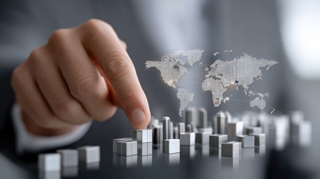 Business professional using digital interface to select city buildings while planning expansion strategies during an international conference - Powered by Adobe