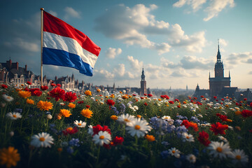 a black and white Netherlands independence Day celebration abstract background in national flag colours with flowers.
