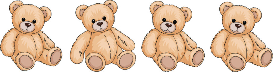 Cute teddy bears sitting, cartoon plush toys, brown stuffed animals, kids toy collection, cad drawing flat vector illustration