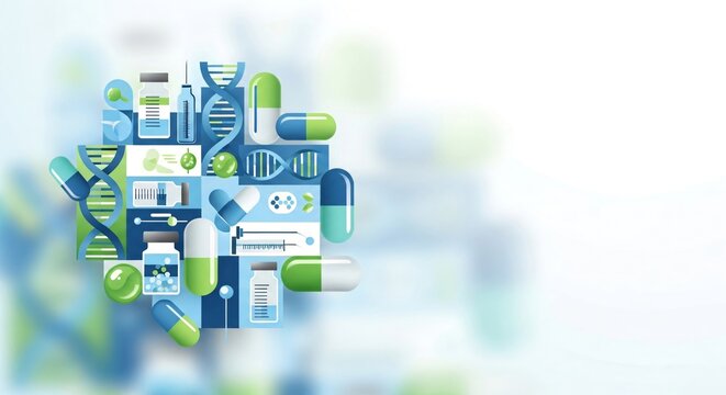 Flat design medical background with vaccine vials, syringe, pills, DNA structures in blue, green, and white, copy space