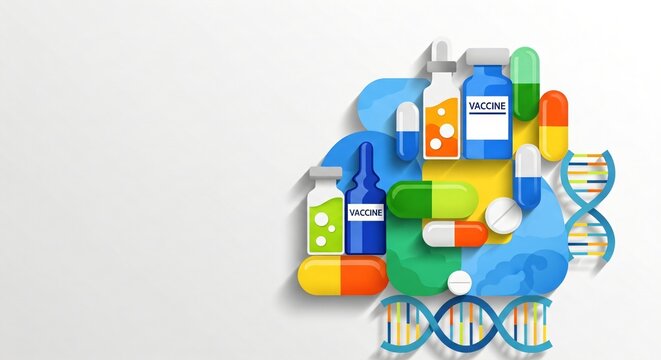 Flat design medical background with vaccine vials, syringe, pills, DNA structures in blue, green, and white, copy space