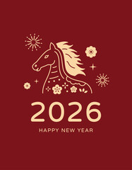 2026 Year of the Horse Greeting Card, Gold Typography and Floral Line Horse Art on Red Background