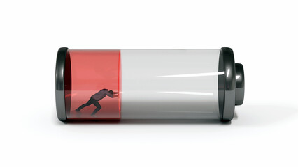 Man inside low battery pushing forward to recharge, concept of energy depletion and the need for power, 3d render