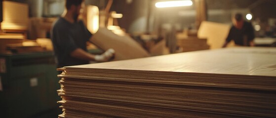 Lumber production workshop with workers cutting and assembling plywood boards