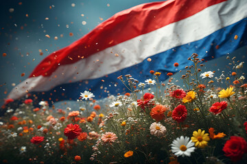 a black and white Netherlands independence Day celebration abstract background in national flag colours with flowers.