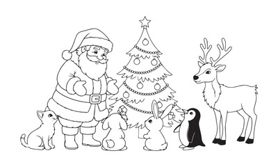 Naklejka premium Santa Claus with Christmas tree and woodland animals reindeer