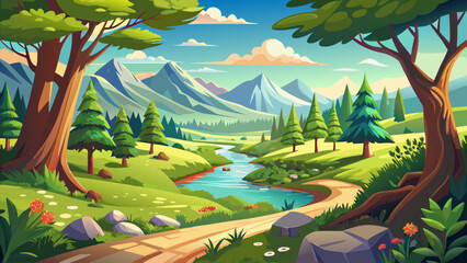 Naklejka premium Very beautiful scenic view of Fabyan Forest Preserve in Illinois, showcasing lush greenery, walking trails, and serene natural landscapes under a bright sky, representing peaceful Midwestern nature.