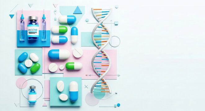 Flat design medical background with vaccine vials, syringe, pills, DNA structures in blue, green, and white, copy space