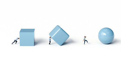 Man evolving from pushing a cube to kicking a sphere with ease, showing how progress improves with consistency, 3d render
