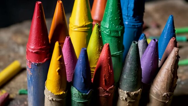 Bundle of colorful sharpened crayons with worn tips standing upright on rustic surface
