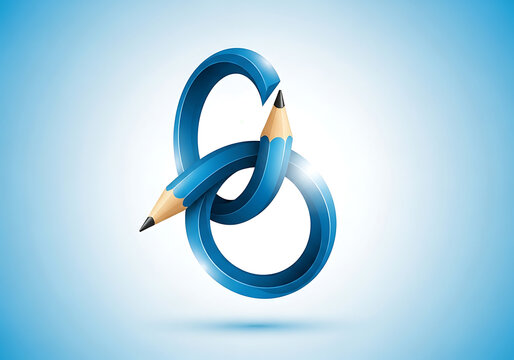 Creative blue pencil forming a stylized number eight on a gradient blue background for graphic design