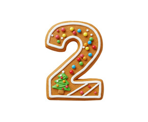 Naklejka premium Decorated gingerbread cookie shaped like number two png isolated on transparent background